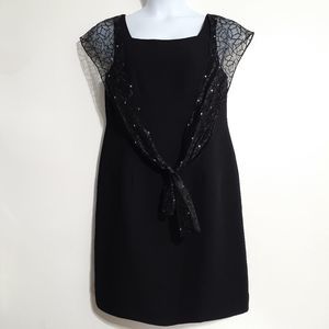 SL Fashions Black Formal Mini Dress w/Attached Scarf 14 GUC